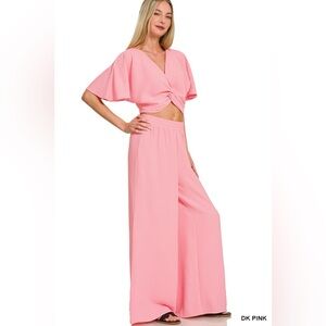 Zenana Woven Airflow Twisted Top & Wide Leg Pants Set